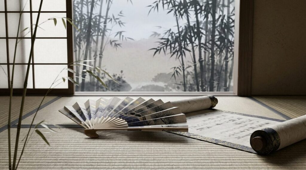 豊臣兄弟！第15話への一部の不満の声を象徴する静物画風イメージ。書院に置かれた扇と巻物