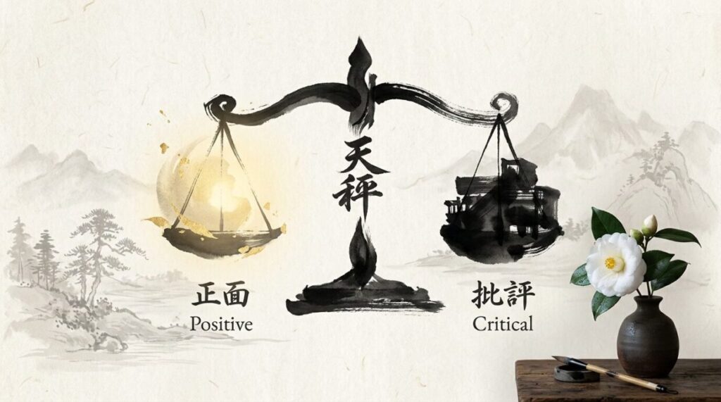 豊臣兄弟！第15話の総合評価を象徴するイメージ画像。和紙と墨書で表現された天秤と椿の構図