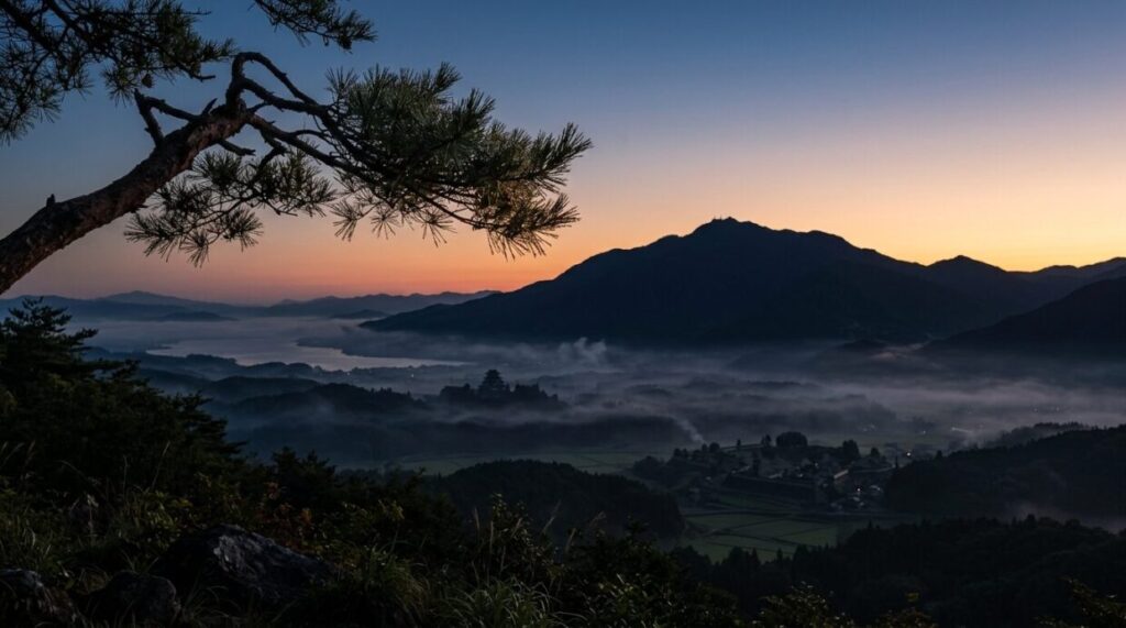 豊臣兄弟！第16回への期待を象徴する夜明け前の山並みのイメージ画像。比叡山を思わせる稜線と曙の空