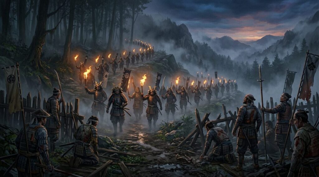 夜明けの山道に到着する明智光秀の援軍のイメージイラスト