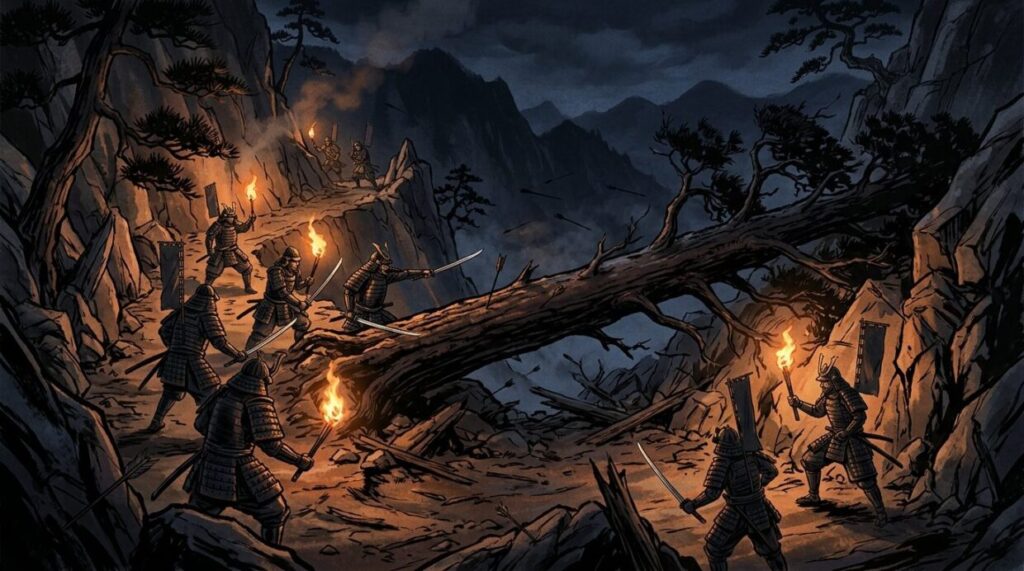 松明と巨木を使った金ヶ崎の撤退戦のイメージイラスト