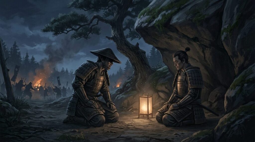 夜の戦場で向き合う竹中半兵衛と小一郎のイメージイラスト