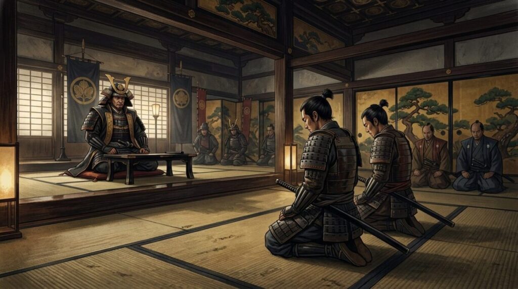 信長の前でしんがりを志願する藤吉郎と小一郎のイメージイラスト