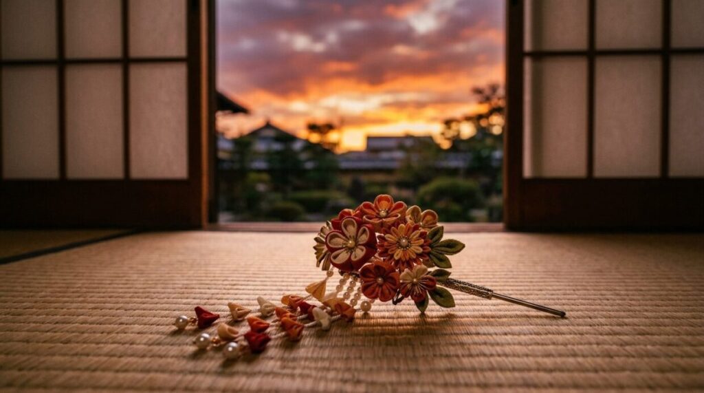 お市と三人の娘を逃がし小谷城に残る浅井長政の覚悟と、宮﨑あおいさん・中島歩さんが演じた涙の別れを象徴する、和室に残された簪（かんざし）のイラスト